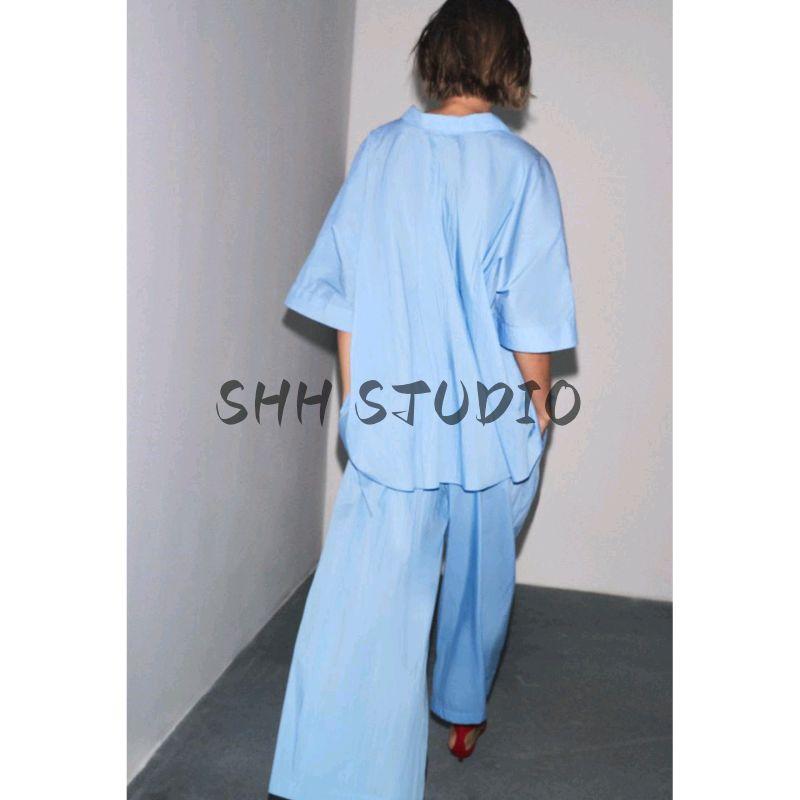 Cotton Blend Loose V Neck Short Sleeve Shirt 5344118 High Waist Poplin Pleated Casual Pants 2731249