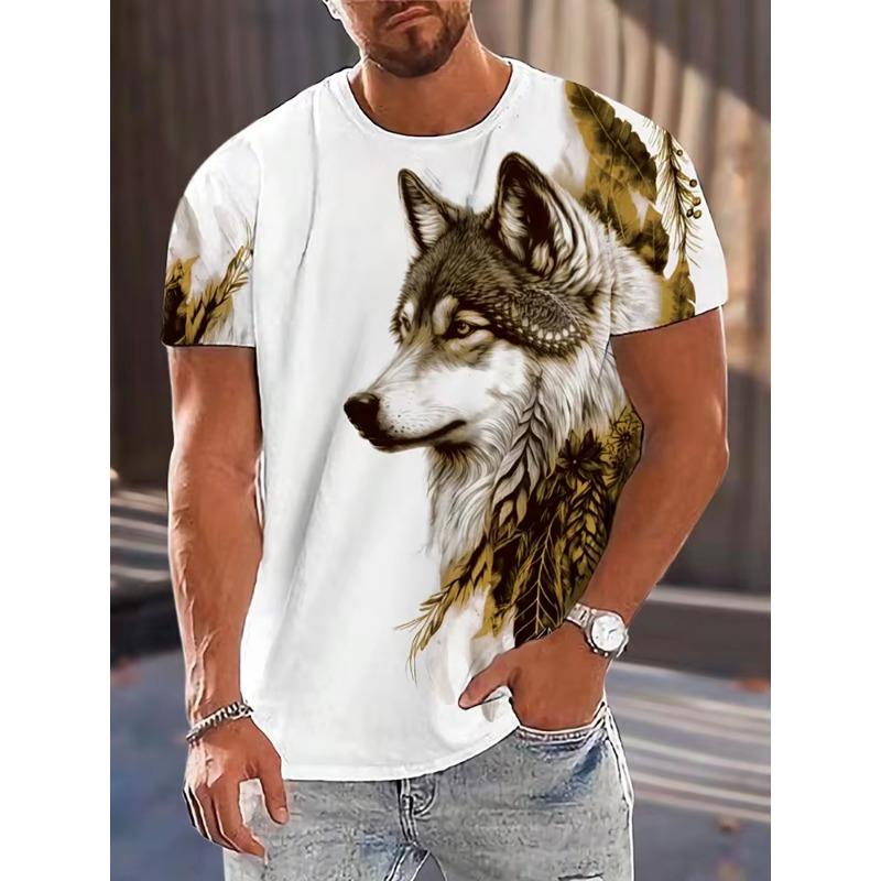 Men's T-shirt Wolf Print Casual Streetwear Fashion Short-sleeved Pullover Summer Outdoor Sports Top Tee Oversized Clothing