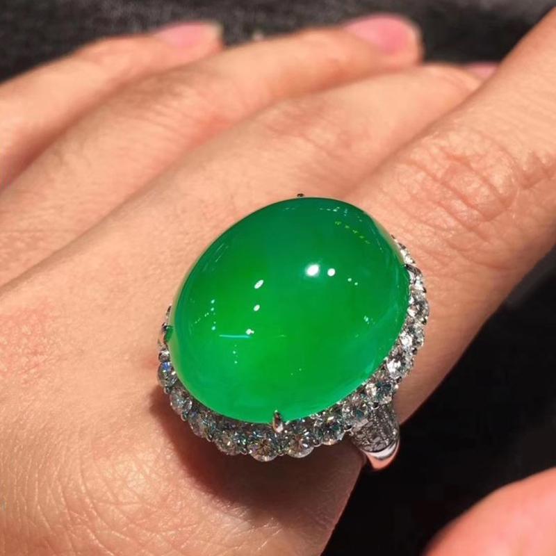 Silver Inlaid Crystal Natural Sun Green Chalcedony Oversized Egg Noodle Ring Simple and Exaggerated Women's