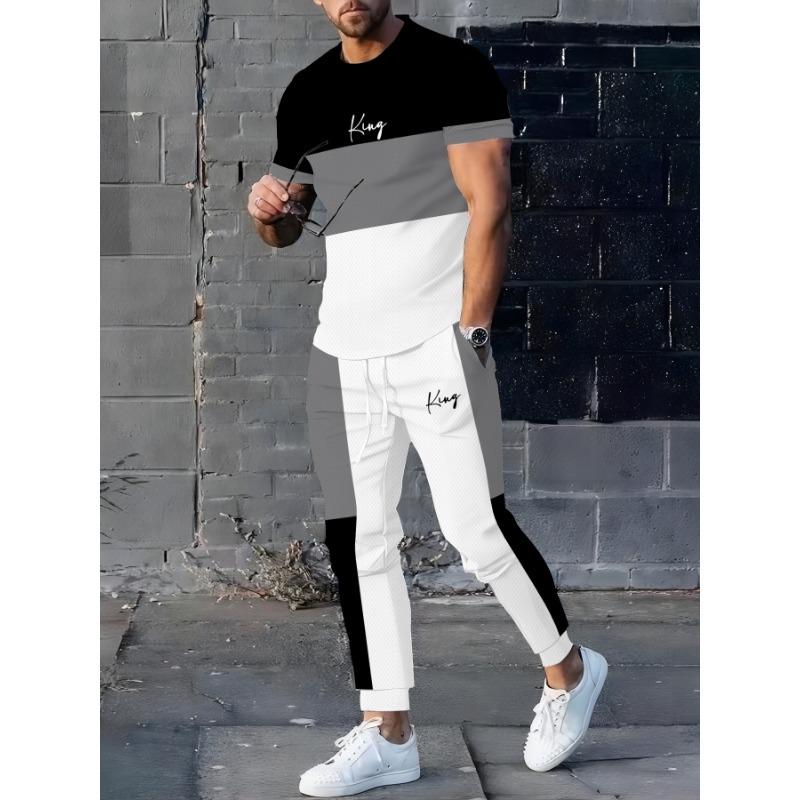 Men'S King Print Three-Color Spliced And White Striped Mesh T-Shirt Paired with Matching Color-Blocked Jogger Pants