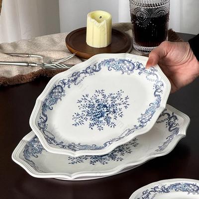 Blue Flower Ceramic Plate Retro Chinese Style Household Dining Plates Rice Bowls Afternoon Tea Dessert Dish Exquisite Tableware