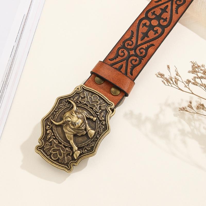 Vintage Men Teens Relief Bull Head Waist Belt PU Embossed Pattern Cowboy Belt