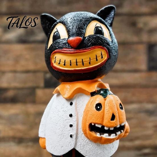 Halloween Party Supplies Black Cat Figurines, Vintage Ornament with Pumpkin, Small Theme Room Decor Retro Resin Table Decoration for Shelf,
