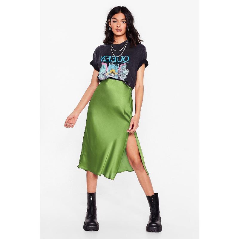 Атласная эластичная юбка-бюстье средней длины с высокой талией и разрезом XL коричневый — фото 11