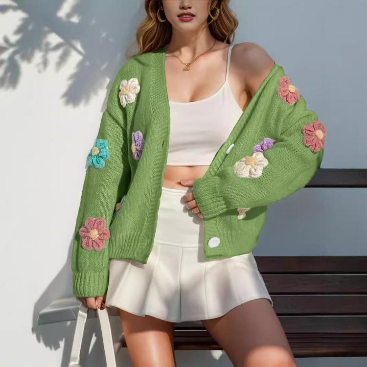 Süßer Damen Pullover Blumenmuster Knopf Strickjacke Süß Frisch Locker Langarm