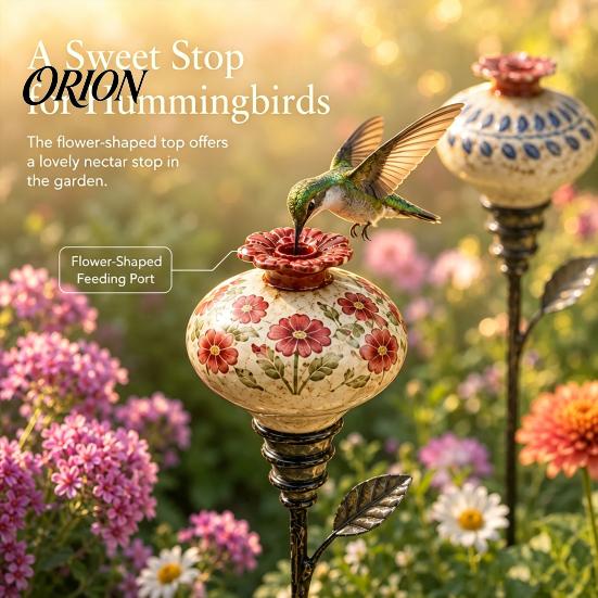 Floral Bird Nectar Feeder Hummingbird Garden Stake, Vintage Ceramic Feeder, Flower Feeding Port, Outdoor for Backyard Lawn Deck Decor Colorful Shaped