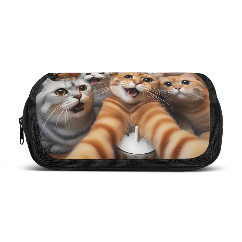 Packing Organizers 1pc Double Layer Flip Pencil Case - Cats' Selfie Party, Large Capacity, Portable Polyester Pen Storage Bag with Zipper Closure, Ide