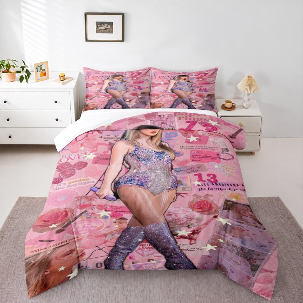 3 Piece Bedding Set with Duvet Cover and 2 Pillowcases - Taylor Swift Lover Era Pink Scrapbook Collage Print - Pink White Music Decor for Fans