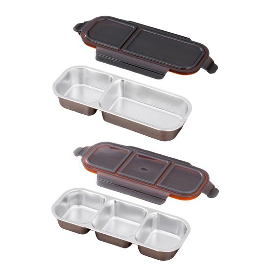 2Pcs Stainless Steel Snack Containers Leak-proof Sauce Box 700ml Divided Snack Food Containers 2/3 Compartment Condiment Box with Lids for Kids Adults