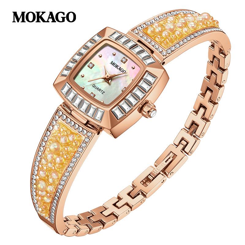 Mokga Retro Diamond-Inlaid Luxury Women s Quartz Watch - Waterproof with Iridescent Mother-of-Pearl Dial розового золота