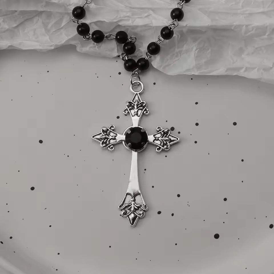 Gotische Vleermuis Kruis Donker Hanger Ketting Set, Y2K Gepersonaliseerde Doorn Liefde Zwarte Kraal Gestapelde Ketting Set, Geschikt als Halloween G