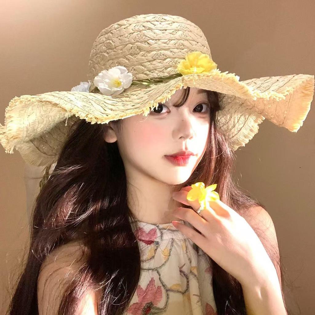 Flower Bow Straw Hat Women's Summer Seaside Beach Vacation Wind Hat Travel Photo Big Brim Sun Hat