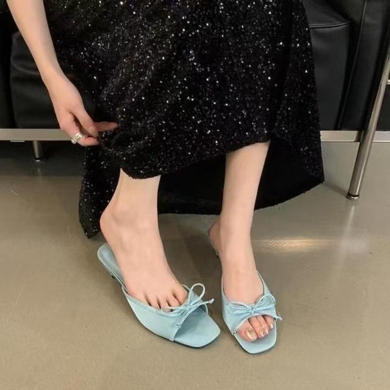Fashion Summer New Butterfly Knot Small Heel Slippers Square Toe Open Toe Temperament Non-Slip Kitten Heel Slippers