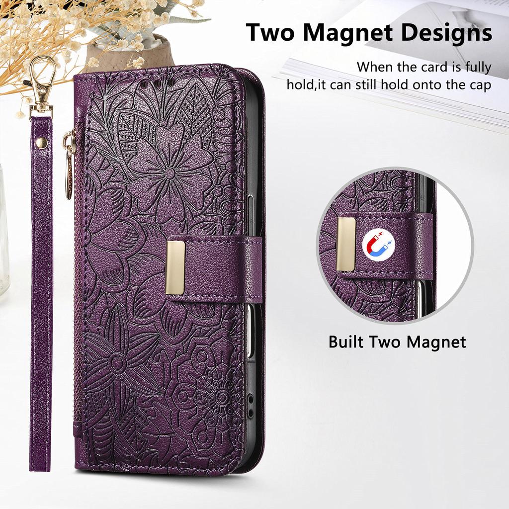 For iPhone 17 Pro Case Floral Leaf Pattern Multi Card Slots Zipper Leather Phone Cover with Wrist Strap