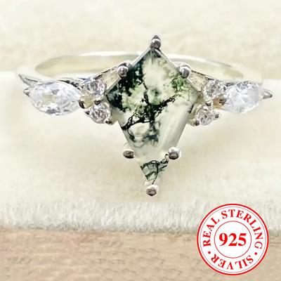 S925 Sterling Silver Kite Shape Moss Agate Rings for Women Exquisite Fashion Fine Jewelry Engagement Gift