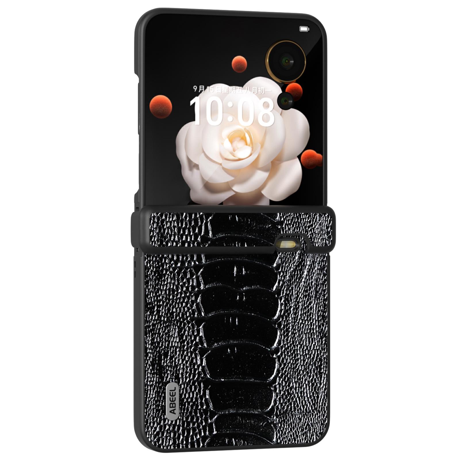 

For Honor Magic V Flip 5G Case Genuine Cow Leather+PC Cover Hinge Protection Black