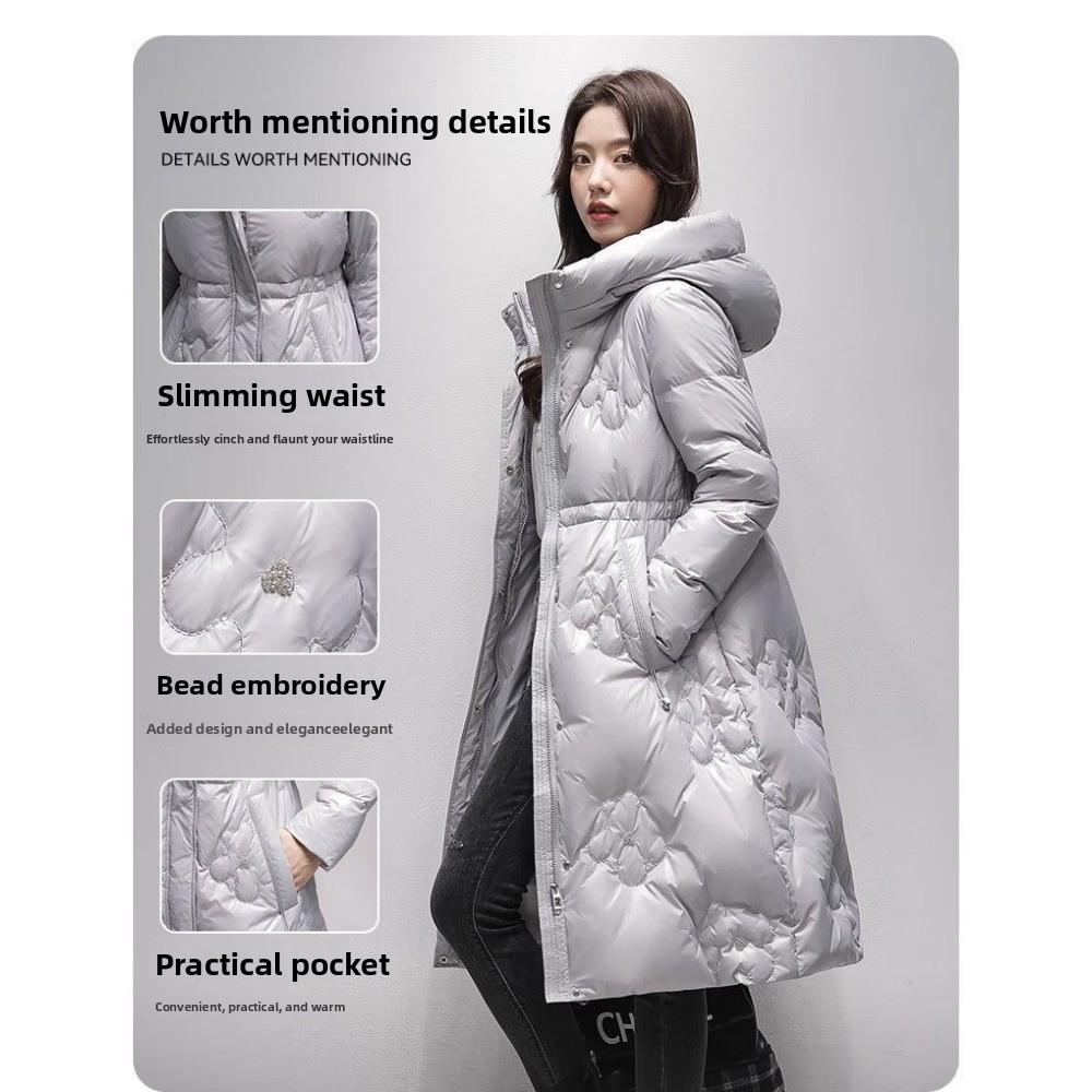 Jednobarevná lesklá dlouhá a tenká módní hřejivá péřová bunda s kapucí dámský zimní kabát