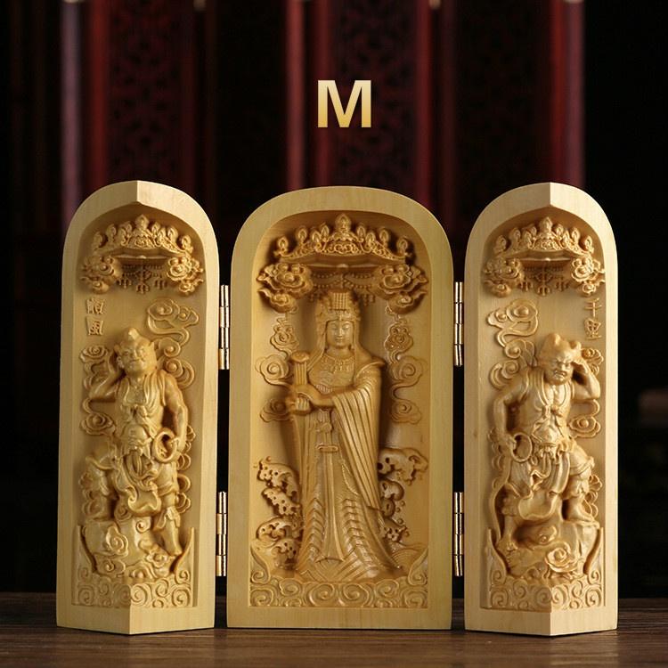 1 Stück Exquisite Buchsbaum-Schnitzerei Guanyin Buddha Statue Westliche Drei Heilige Holzschnitzkunst Handwerk Heimdekoration