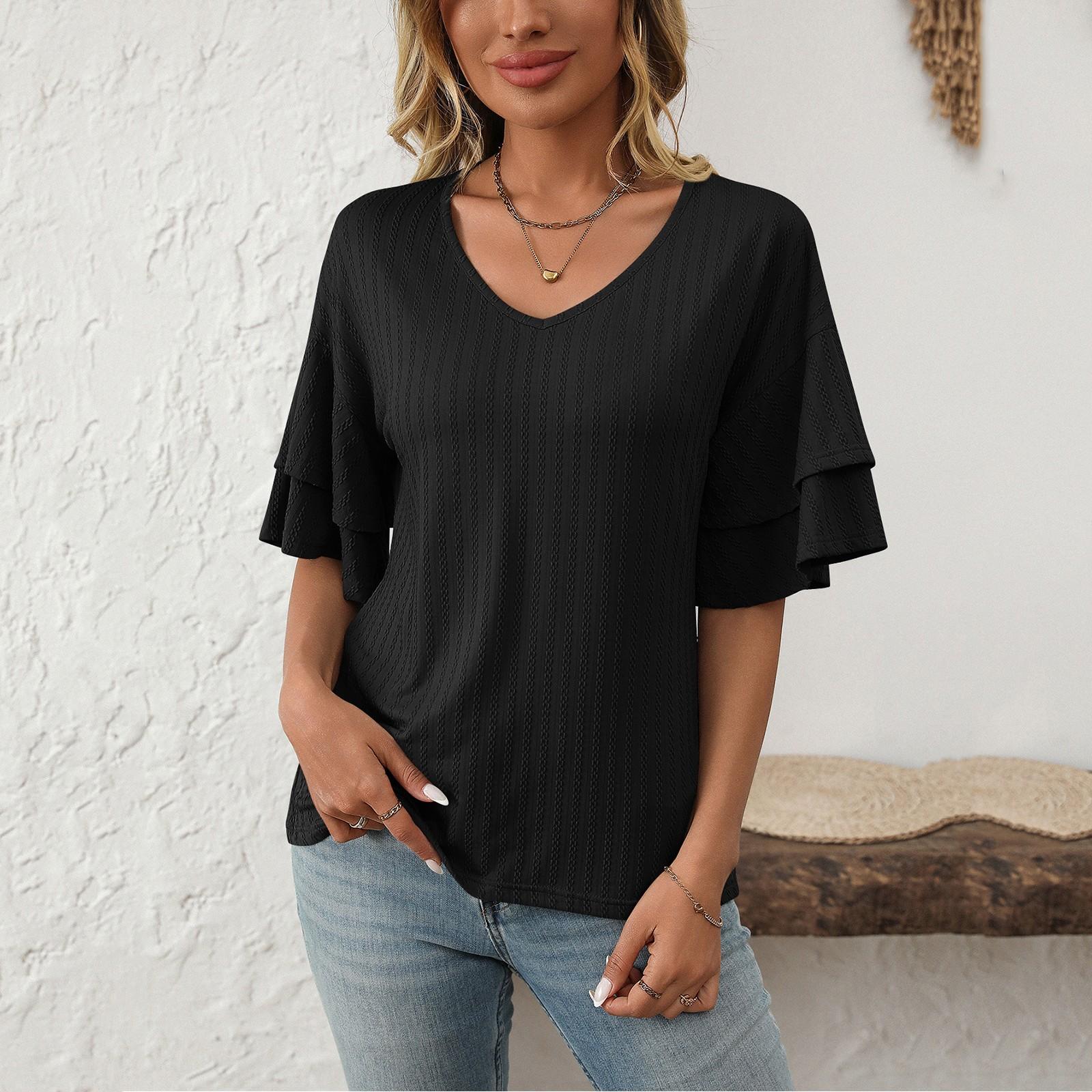 

Женская модная однотонная футболка с коротким рукавом и V-образным вырезом S чёрный