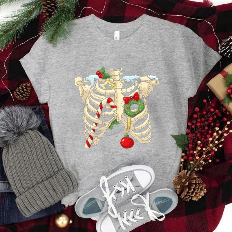 Christmas Skeleton Skull Tshirt Unisex Women Fashion Casual Tops Xmas Festive Holiday Classic Tops Unisexs Womens Clothing