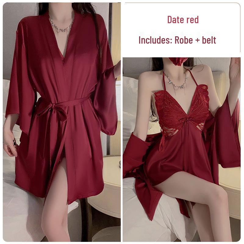Set de pijama superb din mătase de gheață plus size cu cupe la piept și fundă - Rochie de dormit și halat exterior P3945