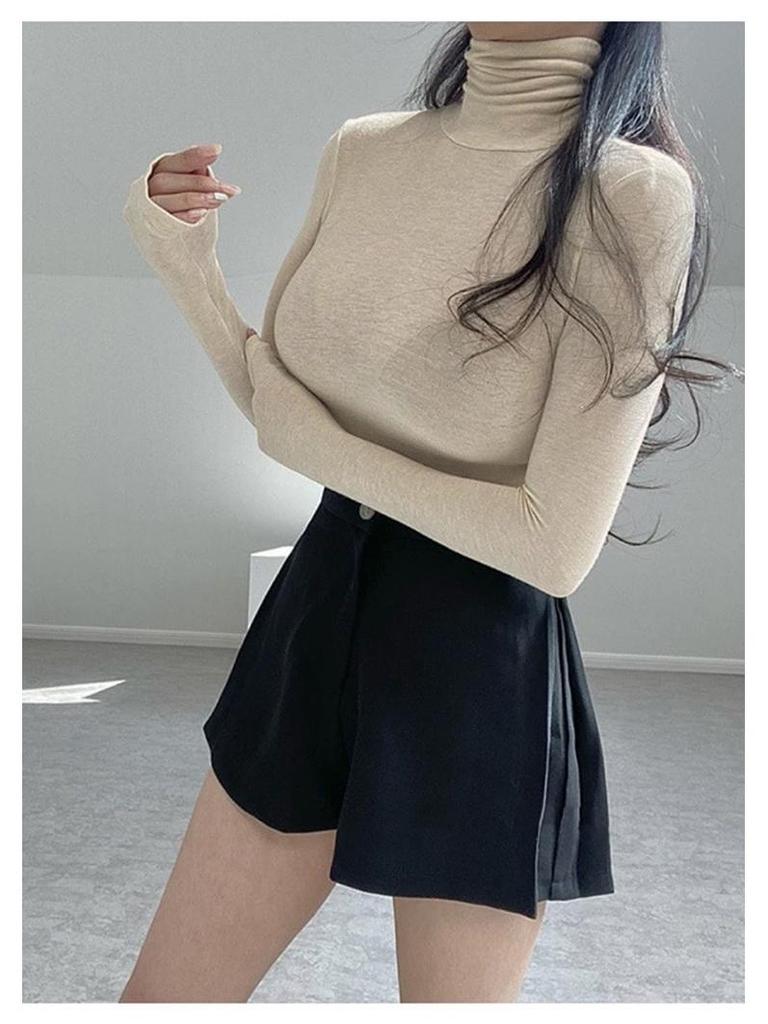 Women's Korean Slim Fit High Neck Long Sleeve T-Shirt