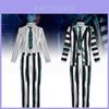 Snygg Beetlejuice Cosplay-dräkt med gröna, svarta och vita ränder Mjukt tyg