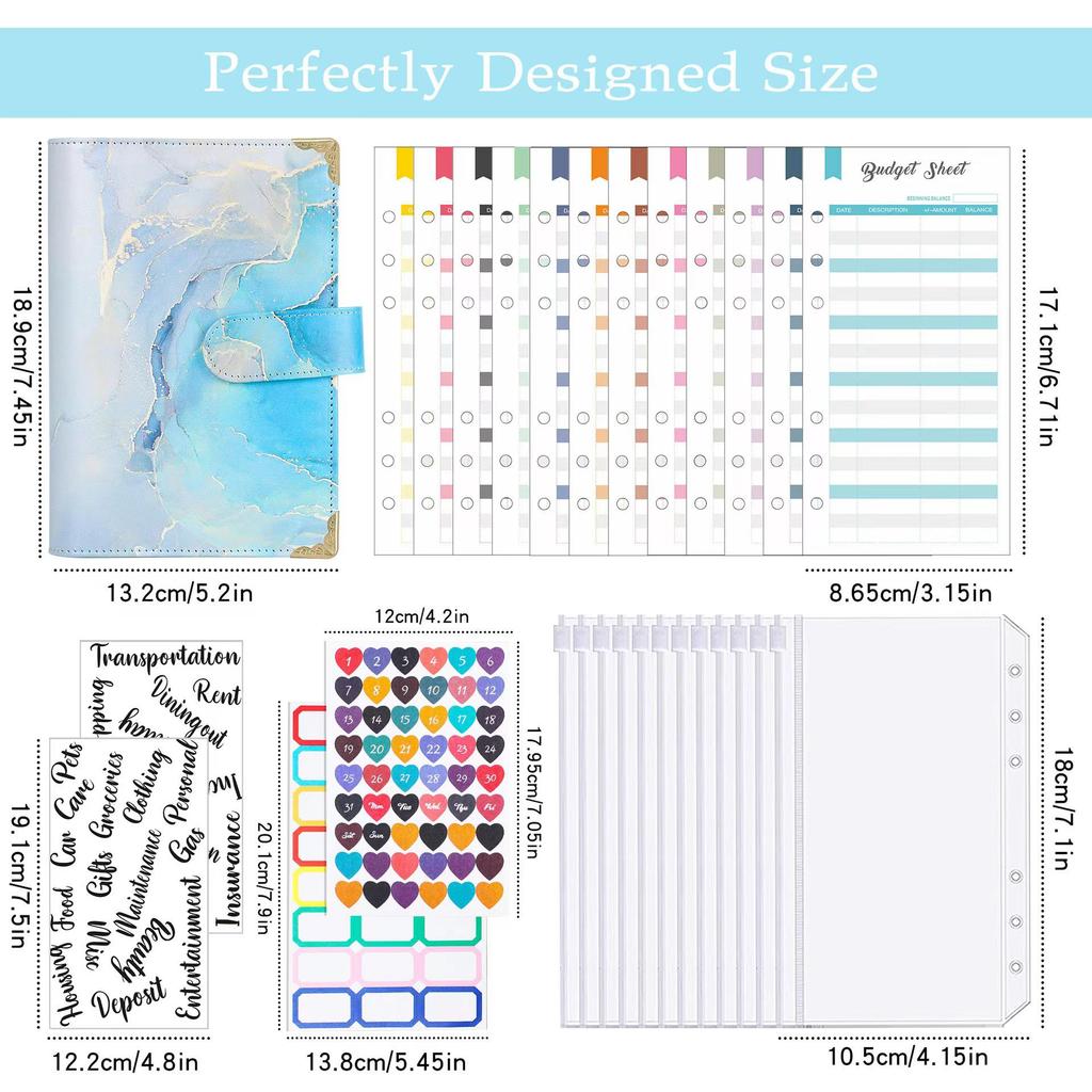 PU Ring Binder Budget Planner with Stickers - A6 Cash Envelope Notebook