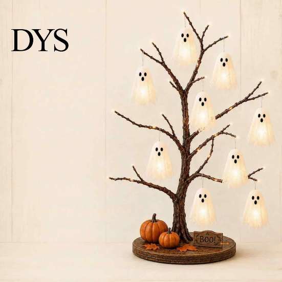 Indoor Halloween Party Props Glowing Ghost Tree Tabletop Decor, LED Lighted with Kid Friendly Ornaments Hanging for Home, Fireplace Mantel,