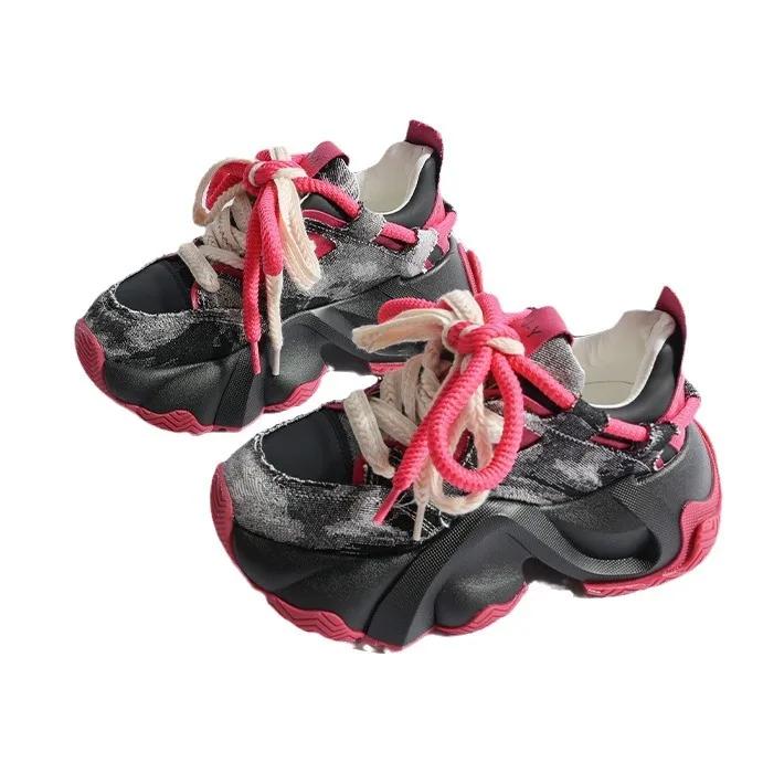 New Women Thick Sole Casual Sports Shoes Breathable Running Sneakers Fashion Colored Lace Up Design