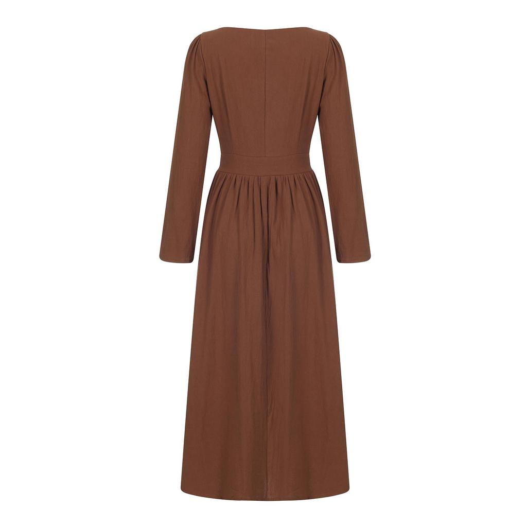 Women's Fashion Elegant Literature Retro Red Coffee Square Collar Dress