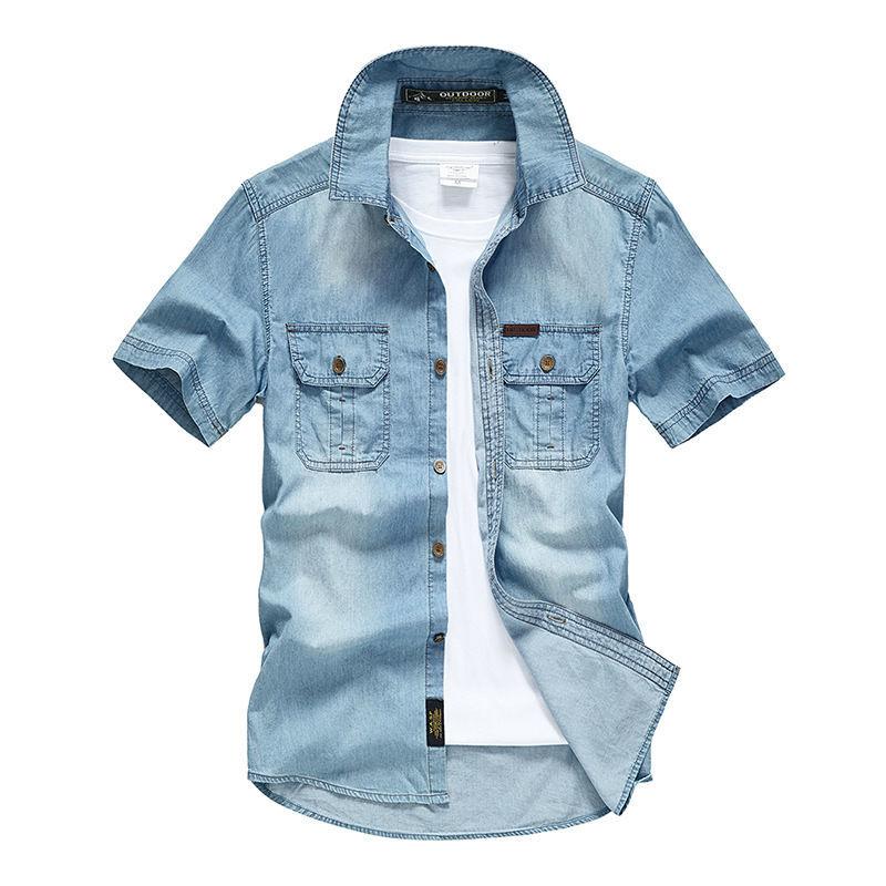 Men Multi Pockets Denim Tooling Shirts Summer Short Sleeve Blue Jeans Shirts High Quality Men Cotton Casual Shirts Size M светло-синий