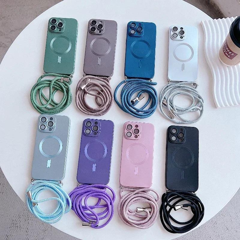 Fashion Magnetic Phone Case for IPhone 17 16 15 14 Plus 13 12 Pro Max with Crossbody Strap Shockproof Matte Lanyard Rope Cover