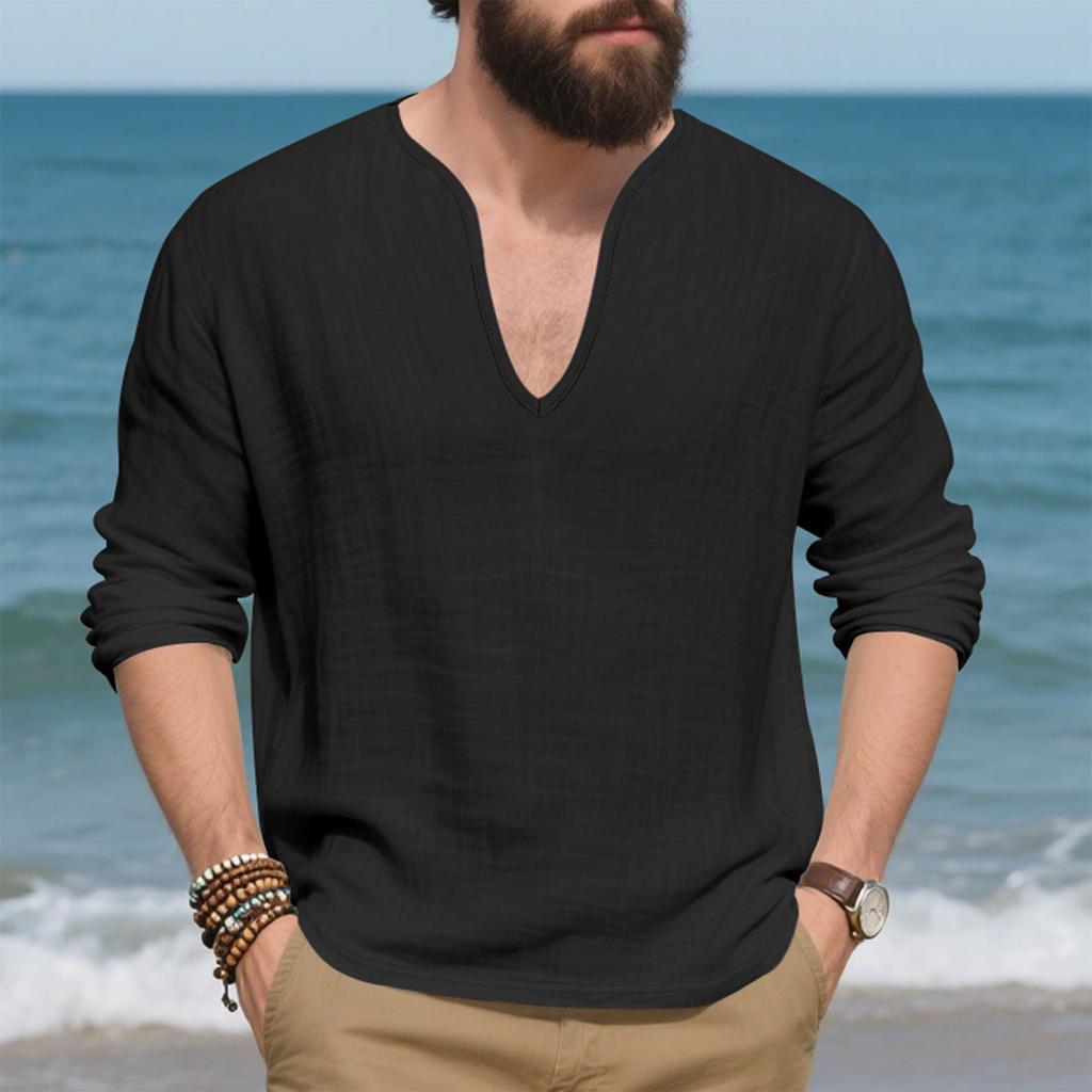 Mens Linen Shirts Loose Fit Long Sleeve T Shirt Solid V Neck Hippie Yoga Pullover