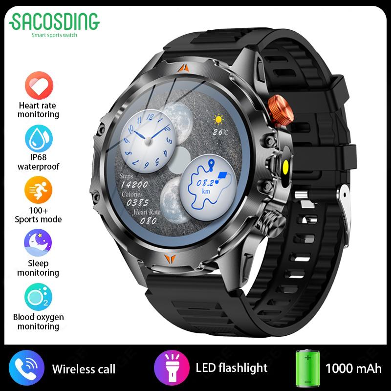 SACOSDING Men Smart Watch Compass LED Flashlight BT Call Heart Rate Sleep Health Monitoring Outdoor Sports Fitness Smartwatch