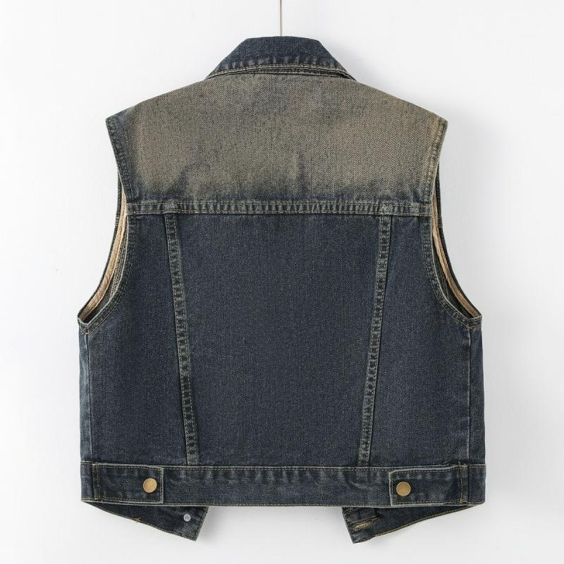 Retro Denim Vest Women's Short Spring and Autumn Loose Sleeveless Waistcoat Vest with A Small Jacket