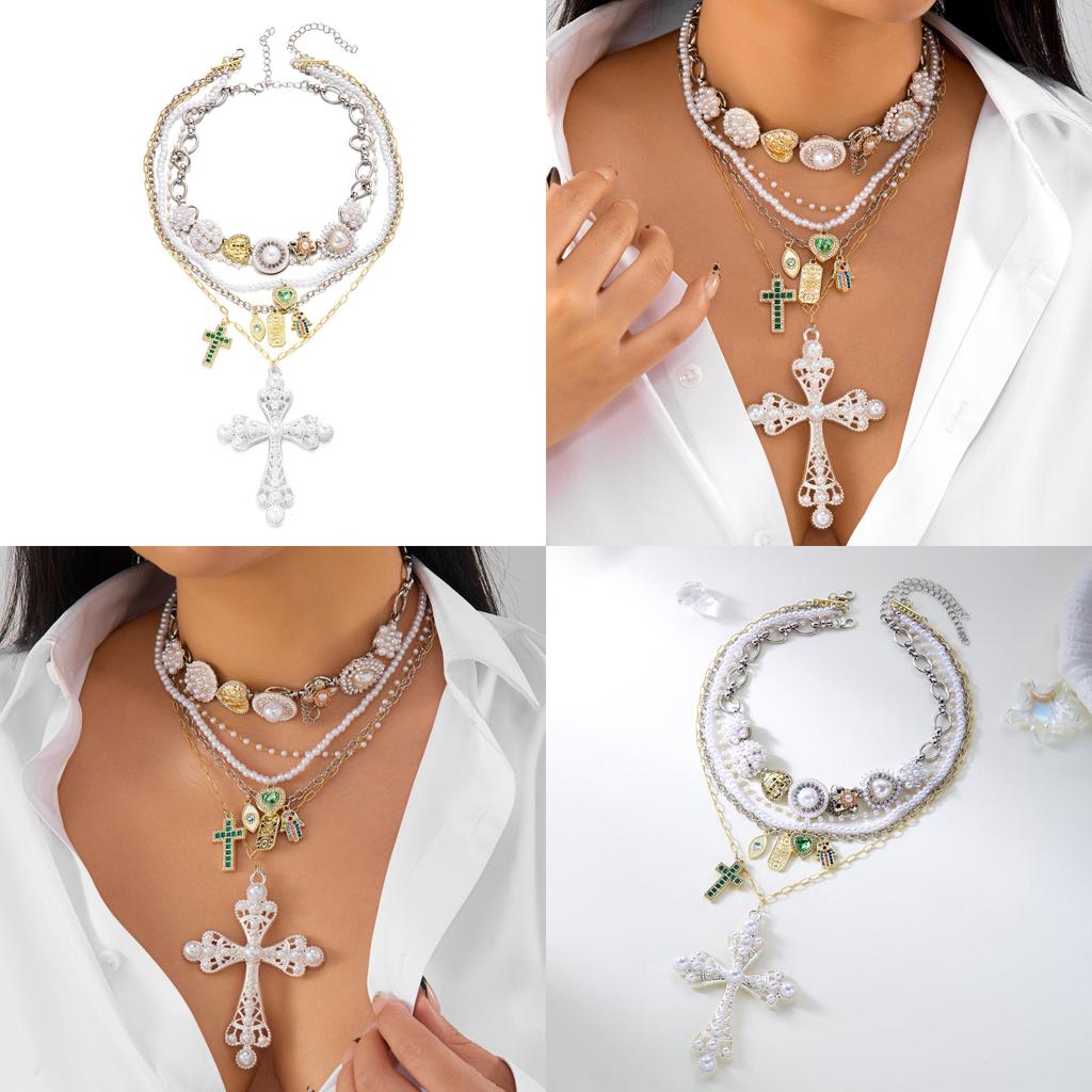 Style Layered Cross Pendant Necklace With Rhinestone Embellishments For Women