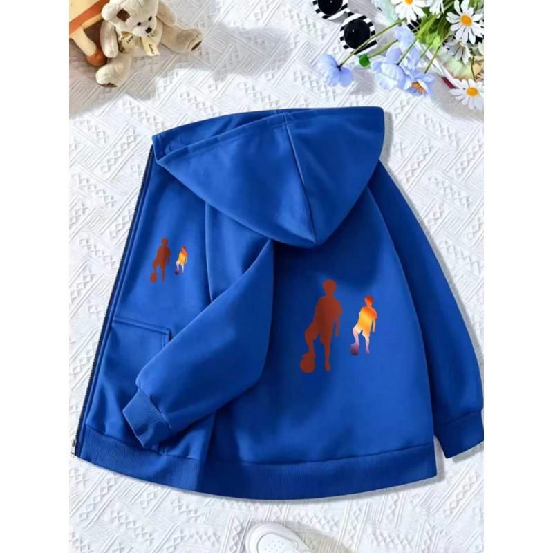 Boys Girls Kids Zip Up Hooded Jacket Gradient Basketball Soccer Player Silhouette Print Long Sleeve Casual Sports Hoodie