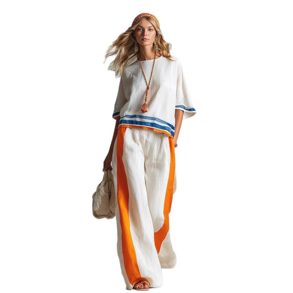1116 popular European and American style contrasting colors loose wide-leg pants set women's casual fashion two-piece set summer printed top
