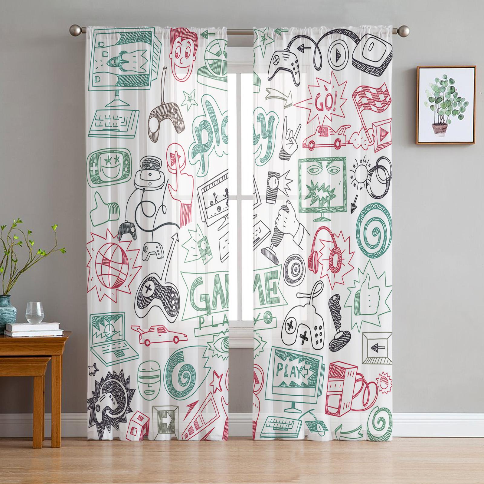 

Кнопка геймпада Видеоигра Мультфильм Тюль Прозрачные Шторы для Гостиной Спальни Современные Вуаль Органза Шторы Портьеры W135 x H115cm x1&Grommet Top