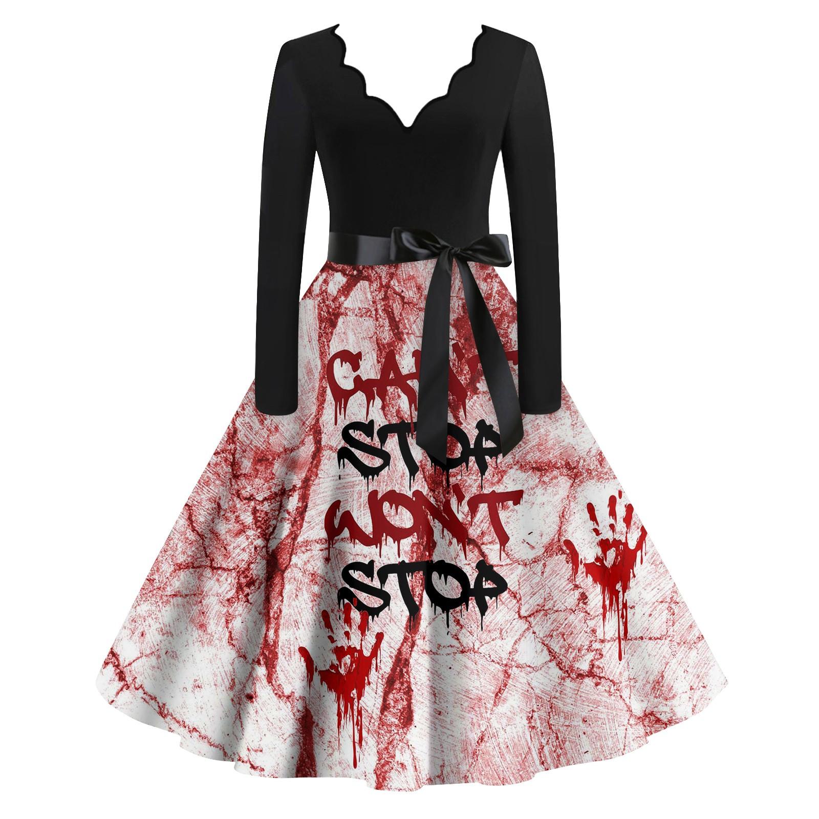 

Женские повседневные модные винтажные длинные платья с длинным рукавом на Хэллоуин и графическим принтом XL красный