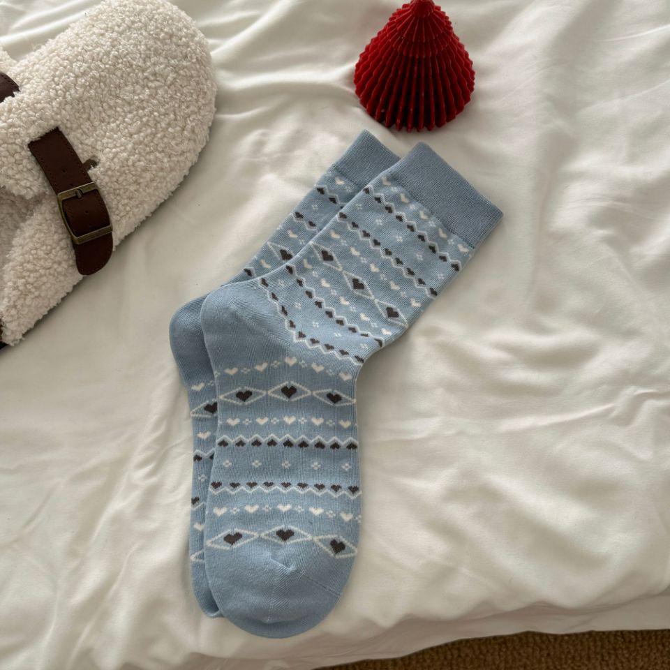 Damen Fair Isle Schneeflocken Mid-Calf Socken - Retro Ethno Stil, Herbst/Winter Baumwoll-Krempelsocken