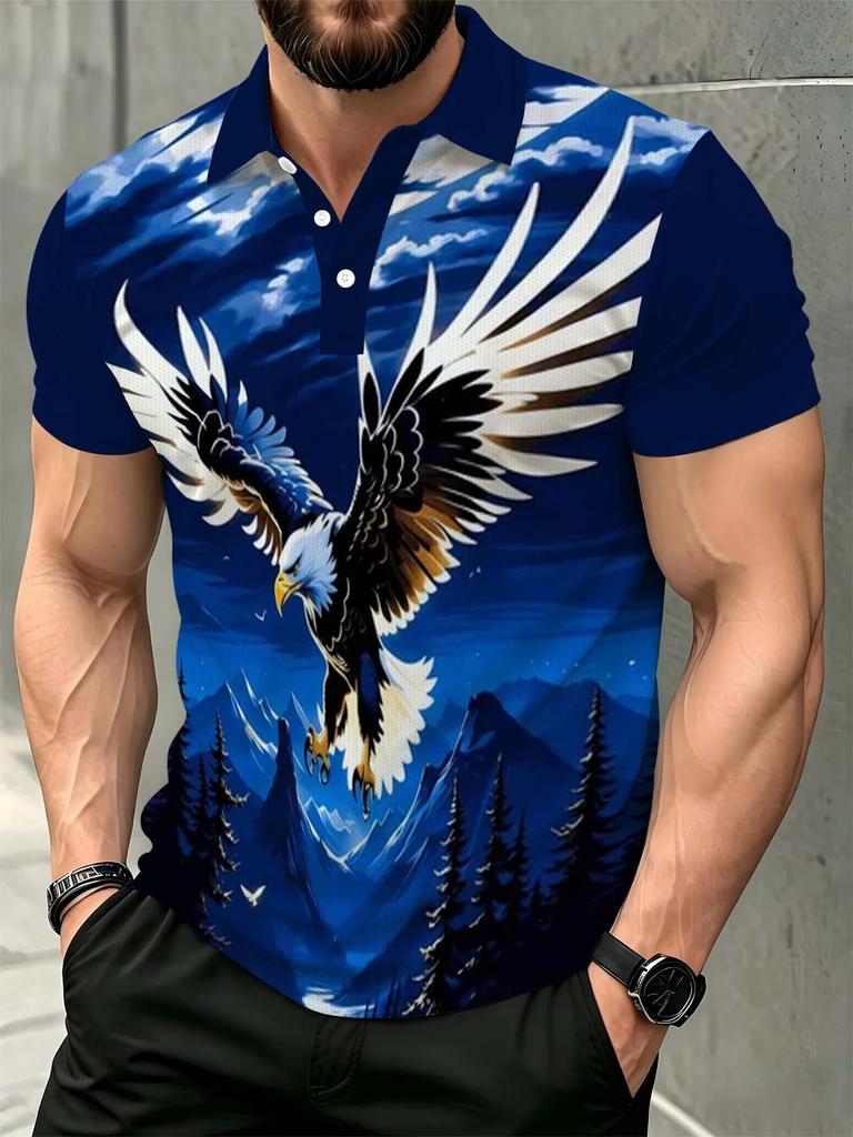 Men's Outdoor Short-Sleeve Polo Shirt, Available In Multiple Sizes, Men's Lapel Polo with Blue Background and Eagle Pattern Print, Men's Top, Slim
