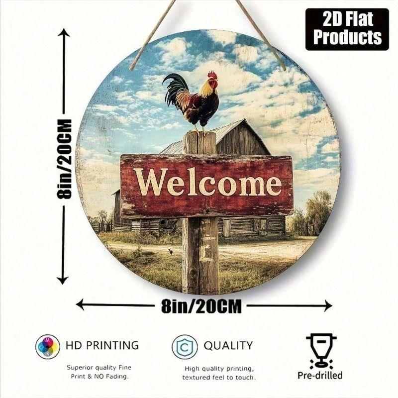 Vintage Round Metal Wall Sign 20cm Rooster Farmhouse Kitchen Decor Blue Sky