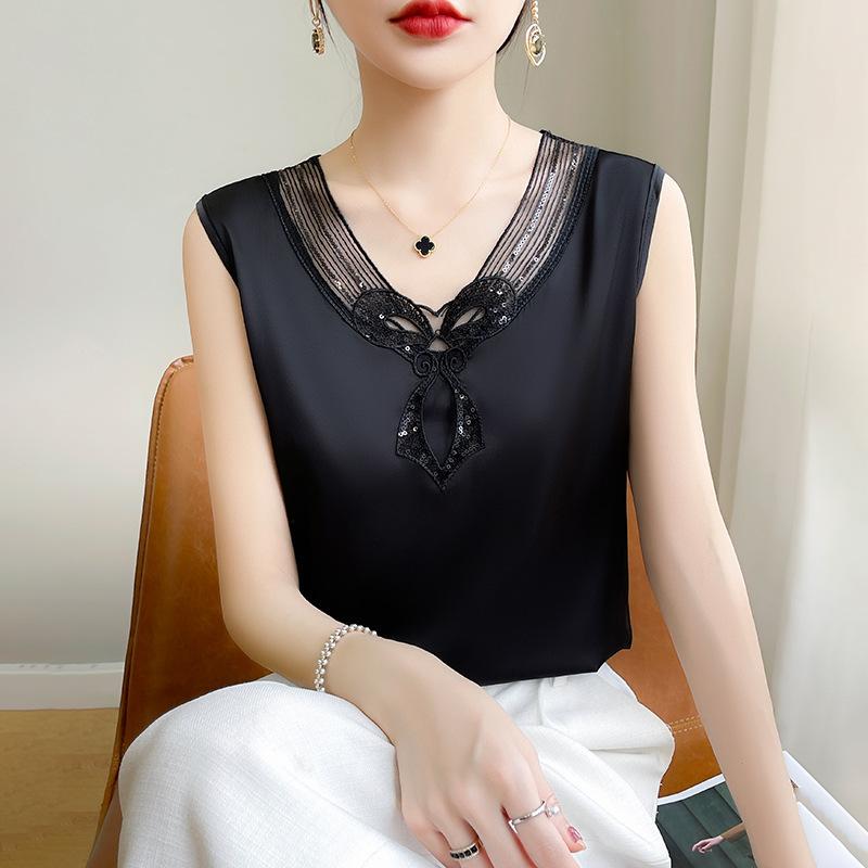 Summer Women's Silk Vest V-neck Mesh Splicing T-shirt Solid Colour Tops Sleeveless Vests