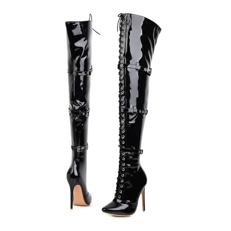 Temperament high heels long boots over the knee boots super high heel sex model patent leather nightclub stiletto knight boots pointed