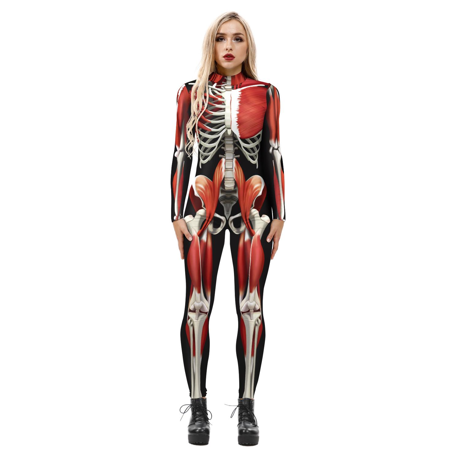 

Women Skeleton Bone Frame Skinny Jumpsuit Bodysuit Fancy Party Halloween Cosplay Costume M червоний
