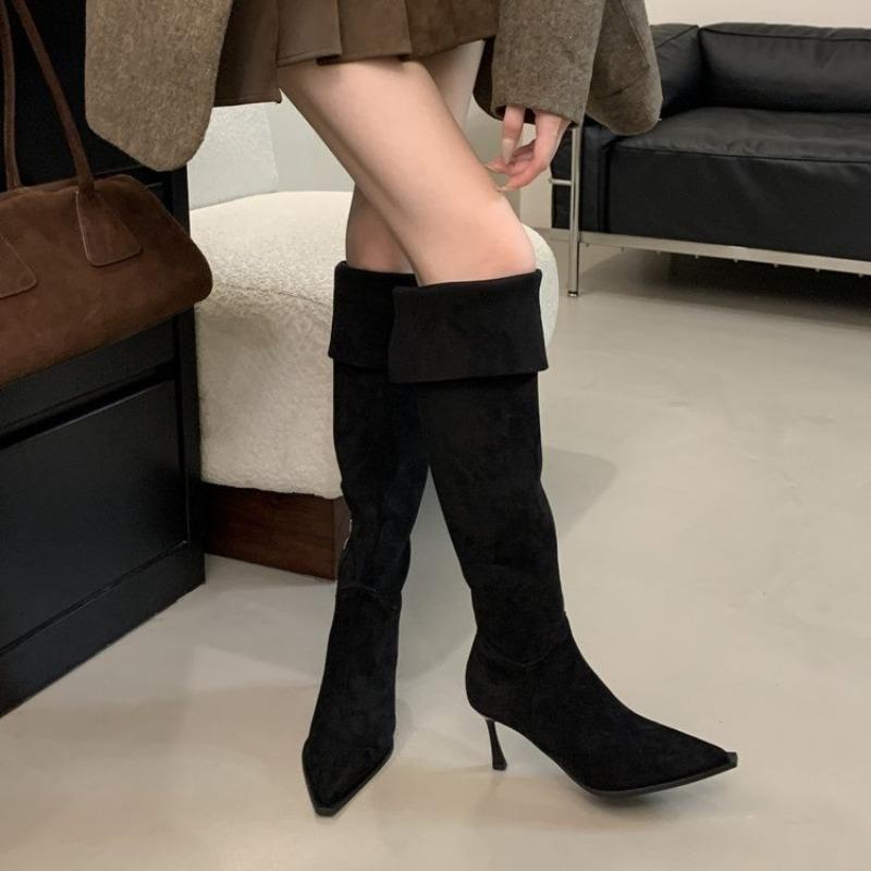 Fashion New Style Women's Winter Fold Thin High Heels Knee-High Boots Women Zipper Pointed Toe Shoes Sexy Party Stripper Zapatos De Muje