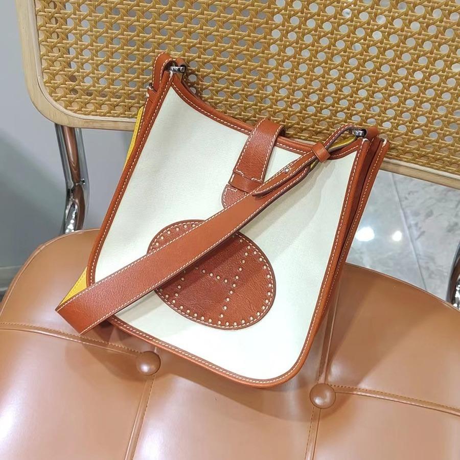 Retro bag, bucket bag, vegetable-tanned cowhide patchwork genuine leather women's bag, versatile for commuting, single-shoulder crossbody bag