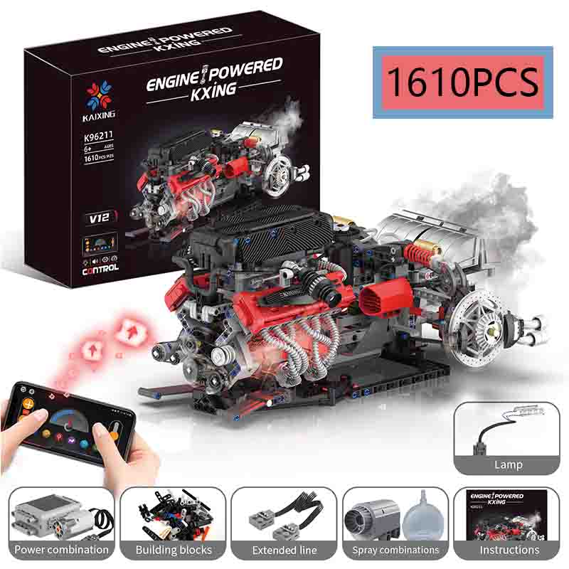 Moc Rc Electric App Control Led Spray Engine 1L Motor Assembly Building Block Diy Children'S Educational Toy Birthday Gift